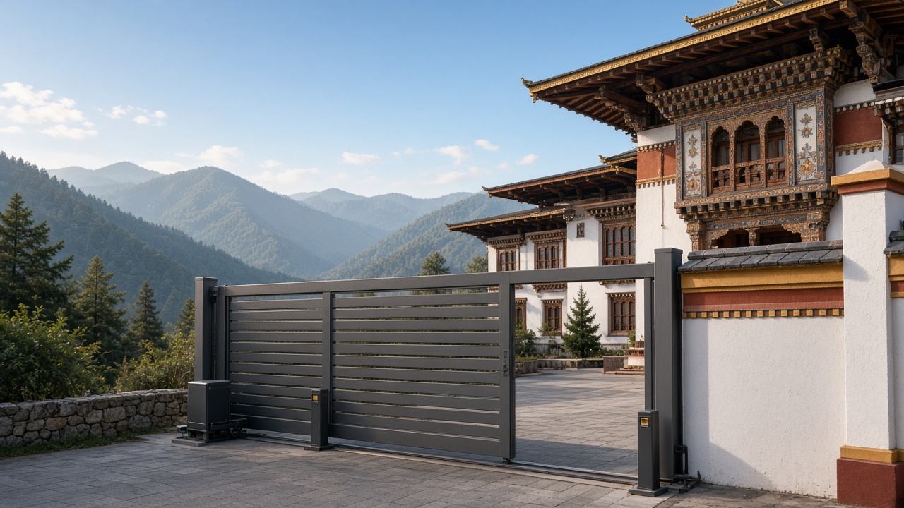 Automatic sliding gate at the entrance of a compound in Bhutan