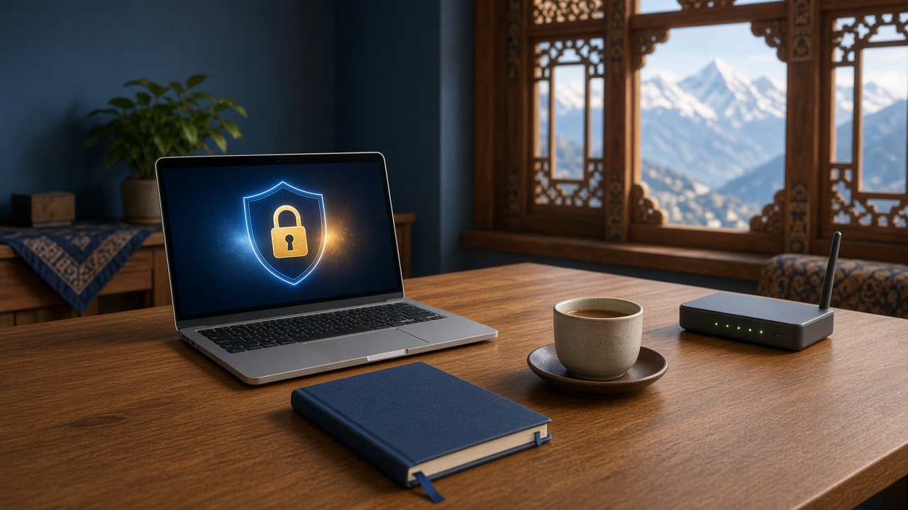 Office desk with a laptop showing a security shield, a router and tea, with mountains outside a Bhutanese window