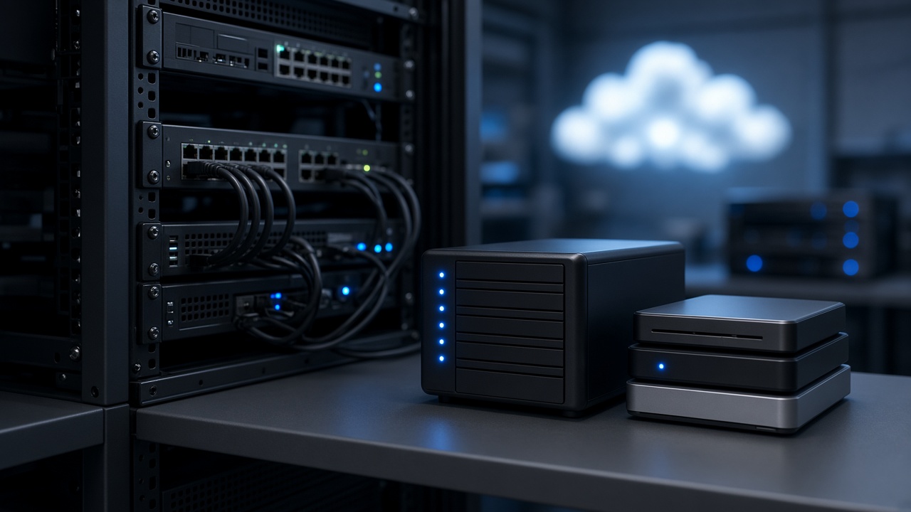 Office server rack with a network backup storage device and external drives
