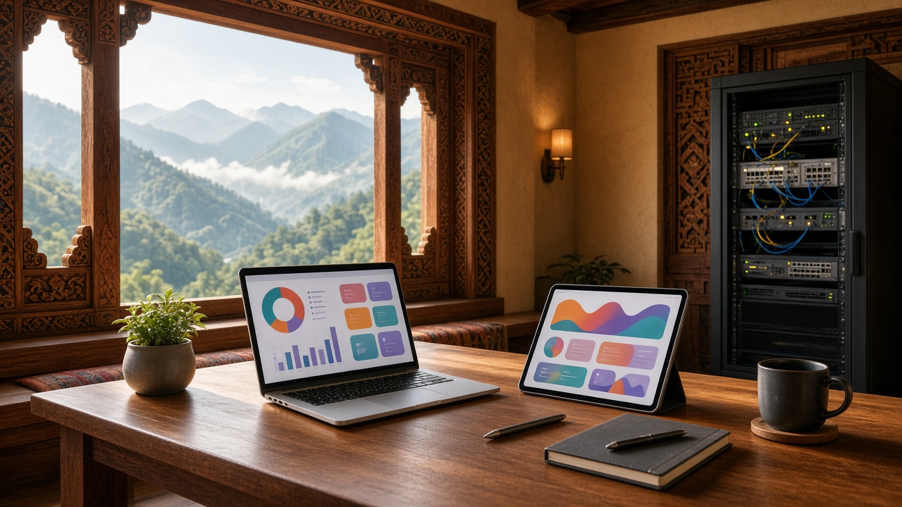 Office desk with a laptop and tablet showing dashboards, a network rack and Himalayan hills through a carved wooden window