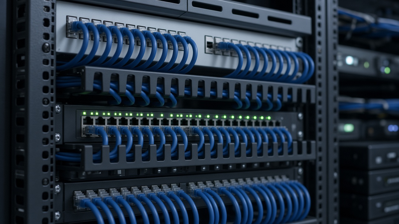 Network rack with neatly routed blue Cat6 patch cables and switches