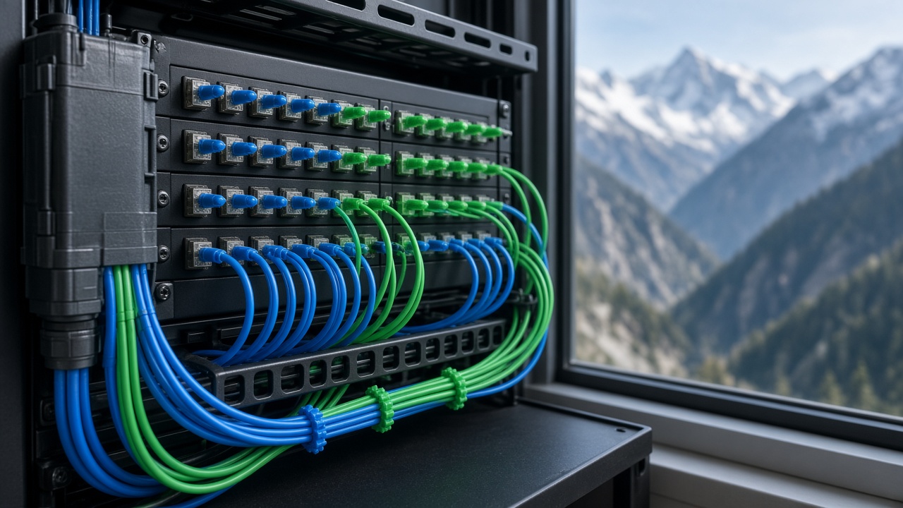Fibre-optic patch panel with blue and green fibre cables