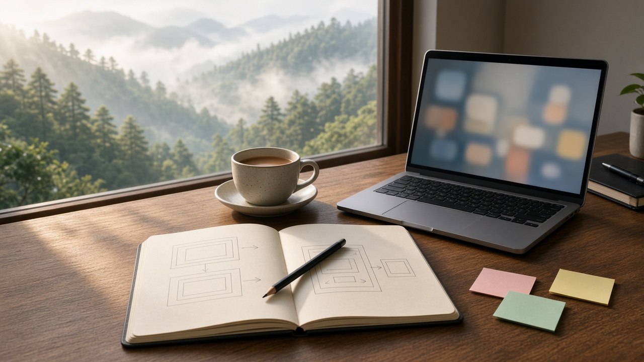 Desk with a notebook of wireframe sketches, a laptop and tea by a window over misty pine hills
